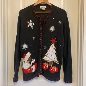 VTG In Resource Festive Black button down Cardigan Holiday Motifs large petite